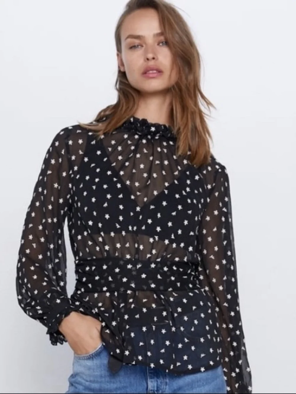 Zara Sheer Embroidered Blouse Small Black Floral Mesh Ruffle Neck Peplum Top - Picture 1 of 10